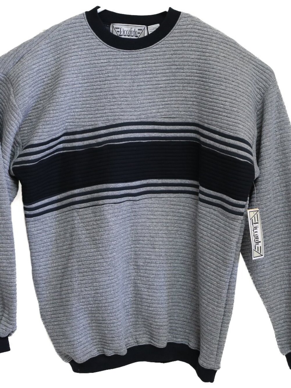 NWT Vintage 90s Riccardo Mens Sweat Shirt Size XL Gray Black Ribbed Striped RARE